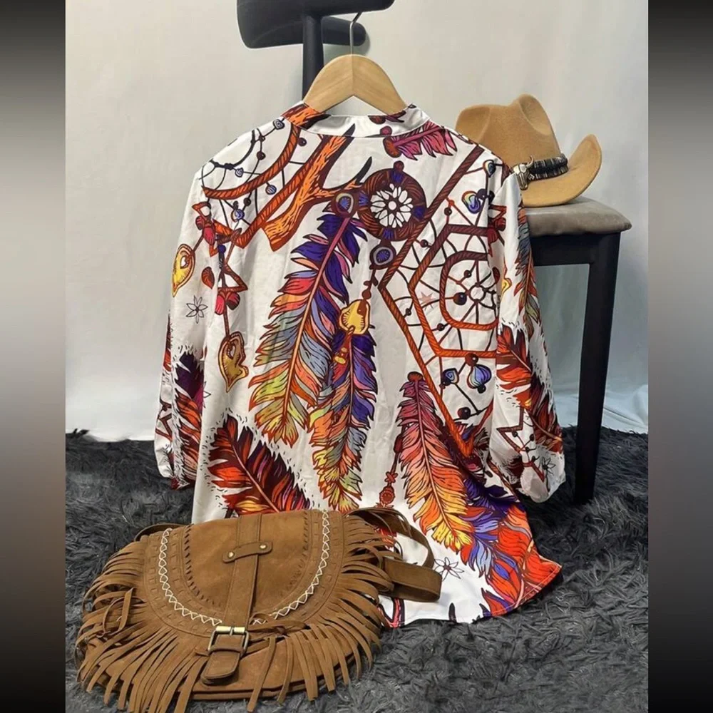 Boho western vintage feather print button down blouse